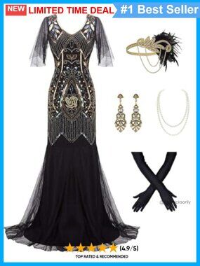 Plus Size 1920s Flapper Sequin Maxi Dress with Accessories